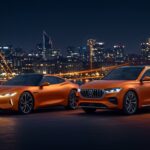 Denza Z9GT y Denza D9 de BYD en un paisaje urbano europeo, mostrando lujo y tecnología en vehículos eléctricos premium.