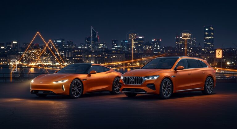 Denza Z9GT y Denza D9 de BYD en un paisaje urbano europeo, mostrando lujo y tecnología en vehículos eléctricos premium.