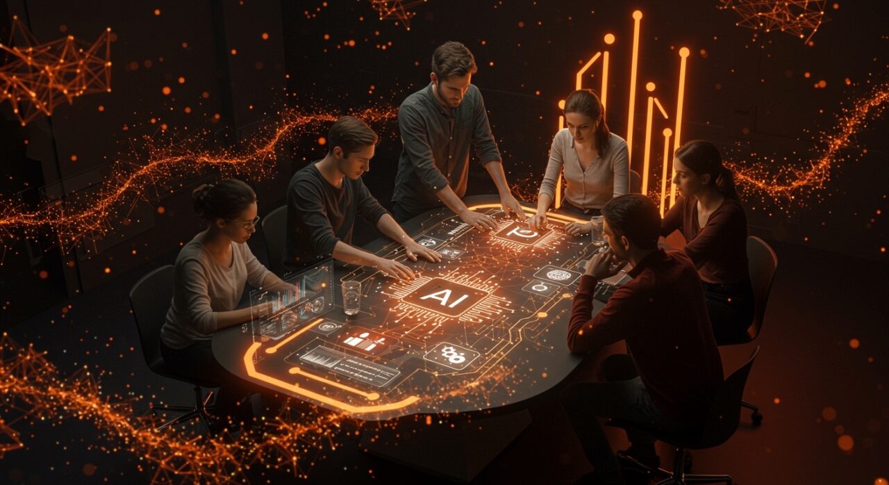 Startup colaborando en retos de inteligencia artificial con financiación en Madrid, imagen editorial impactante en tonos naranja y negro.