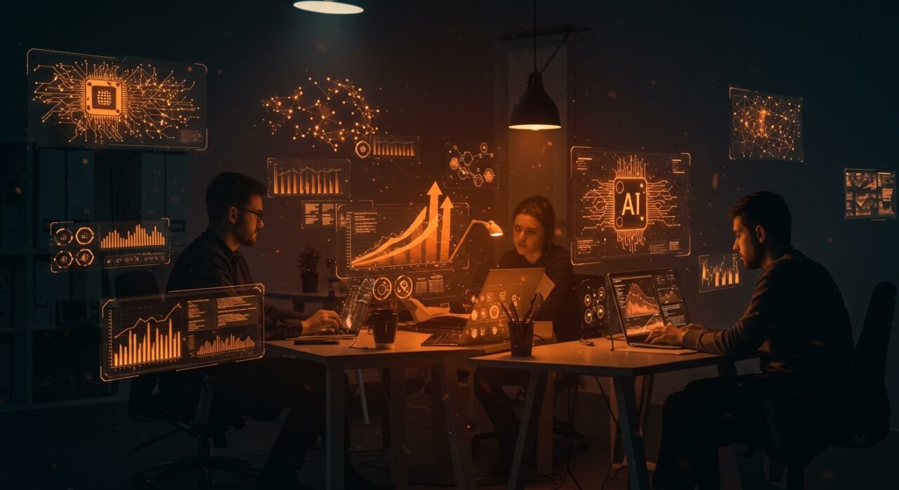 Equipo de startup trabajando en desarrollo de software con inteligencia artificial y tendencias tecnológicas para transformación digital.