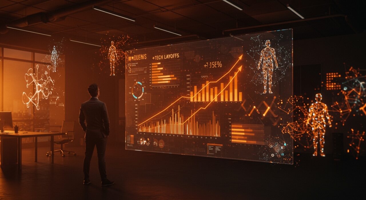 Founder frente a gráficos digitales mostrando aumento de despidos tech en España 2026 con metáforas visuales de IA, automatización y gestión de talento.