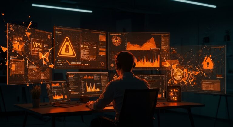 Detección de VPN con listas negras y browser fingerprinting, representando la seguridad y privacidad online en startups tecnológicas.