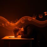 Representación visual de la deuda de sueño y su recuperación durante el fin de semana con elementos metafóricos sobre salud mental y productividad.