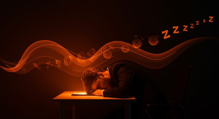 Representación visual de la deuda de sueño y su recuperación durante el fin de semana con elementos metafóricos sobre salud mental y productividad.