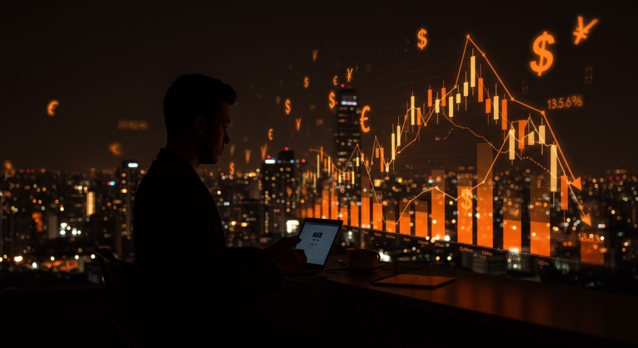 Founder visualizando gráficos financieros en el horizonte urbano de Chile 2026 con simbolismo de dólar, tasas e inversión para startups.