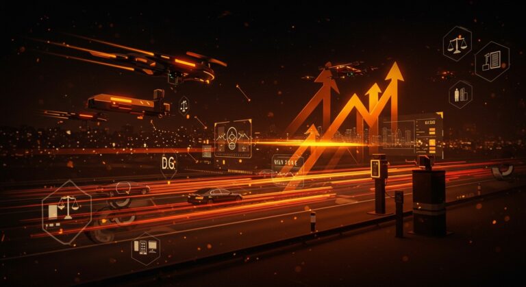 Visualización de vigilancia automática de tráfico con drones y radares de la DGT en 2025, representando récord de multas y oportunidades para startups en movilidad y LegalTech.