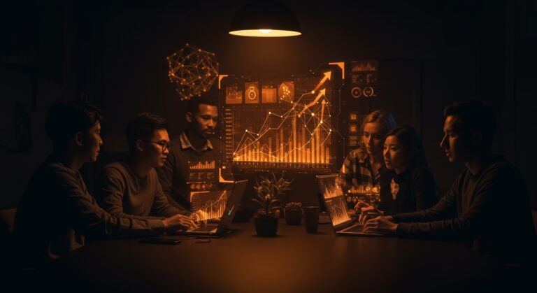 Fundadores de startups colaborando con inteligencia artificial aplicada, mostrando digitalización y escalamiento empresarial en 2026.