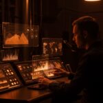 Digitalización industrial europea hacia la automatización con IA, IIoT y sistemas ERP representados en un entorno futurista de control industrial.