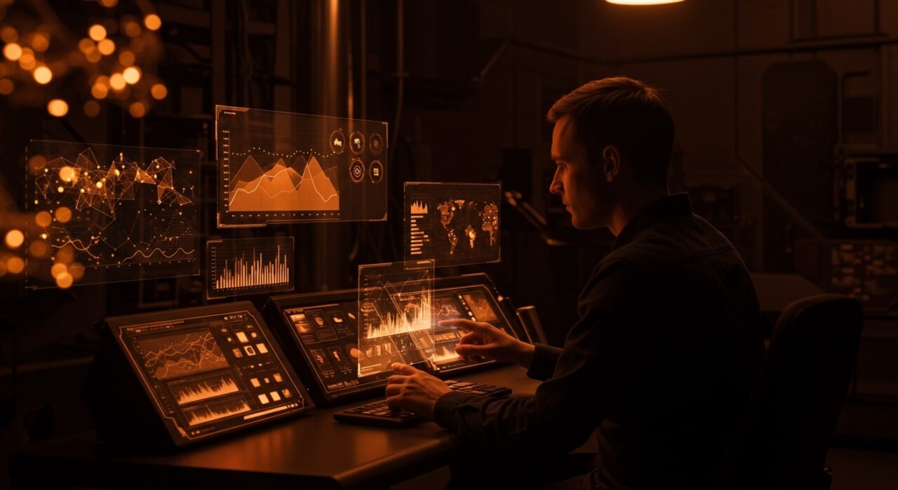 Digitalización industrial europea hacia la automatización con IA, IIoT y sistemas ERP representados en un entorno futurista de control industrial.