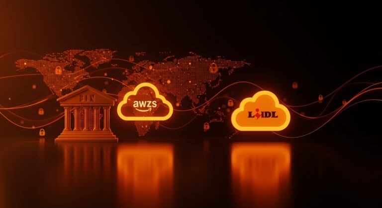 Ilustración de migración cloud del Banco Central Holandés hacia Lidl Cloud resaltando la soberanía digital europea y tecnología cloud europea.