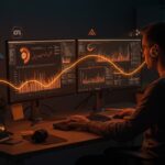 Configuración de doble pantalla para aumentar productividad en startup, mostrando fundador trabajando con dos monitores y elementos ergonómicos y tecnológicos.