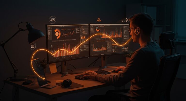 Configuración de doble pantalla para aumentar productividad en startup, mostrando fundador trabajando con dos monitores y elementos ergonómicos y tecnológicos.