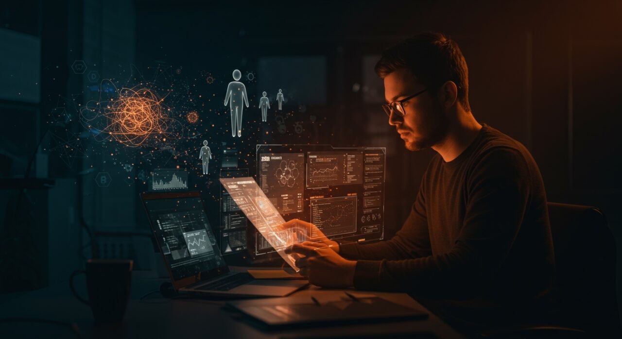 Ingeniero revisando documentación técnica para inteligencia artificial con visualizaciones de agentes automáticos y redes neuronales en fondo oscuro con colores de ecosistema startup.
