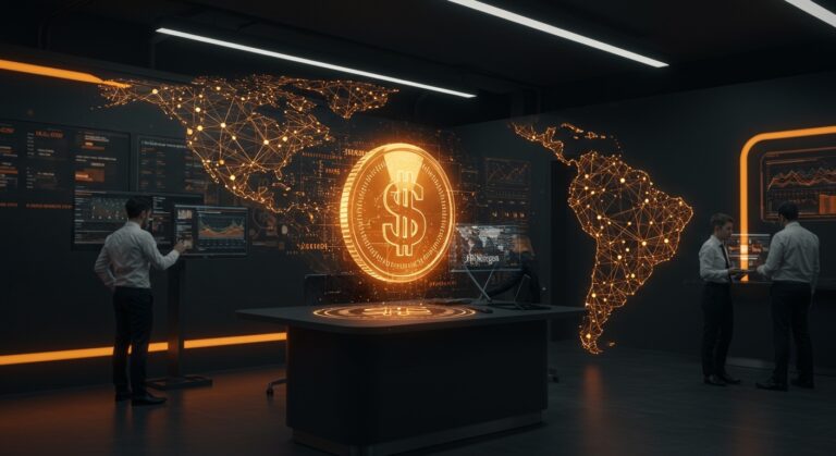 Dólar digital tokenizado con JPM Coin en bancos argentinos, representando la innovación fintech y tokenización bancaria en LATAM.