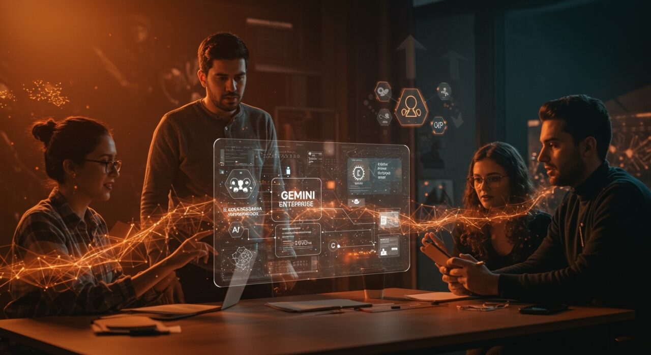 Startup founders LATAM usando Gemini Enterprise con inteligencia artificial generativa y automatización no-code para impulsar innovación empresarial.