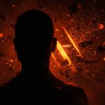 Retrato dramático que representa el doomerismo de IA y el riesgo existencial en inteligencia artificial con una figura CEO rodeada de patrones de red neuronal fragmentados en tonos naranja y negro.