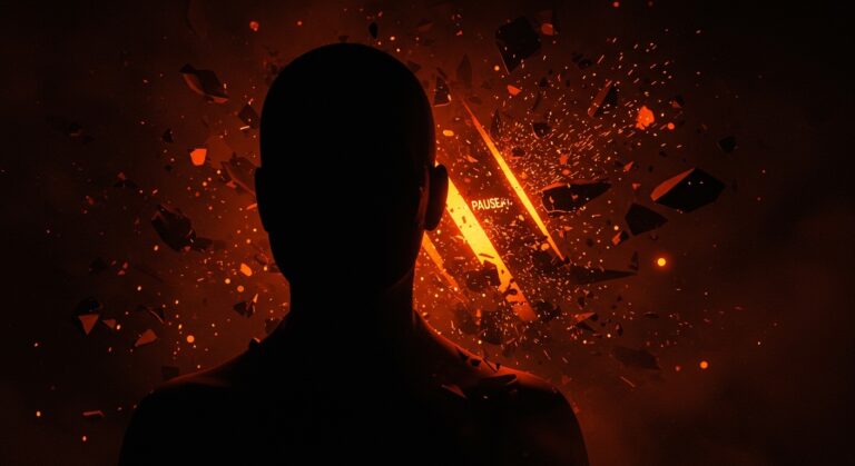 Retrato dramático que representa el doomerismo de IA y el riesgo existencial en inteligencia artificial con una figura CEO rodeada de patrones de red neuronal fragmentados en tonos naranja y negro.