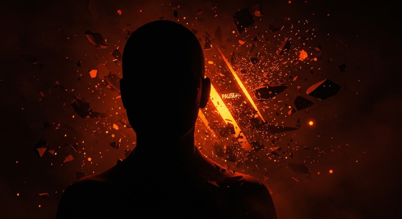 Retrato dramático que representa el doomerismo de IA y el riesgo existencial en inteligencia artificial con una figura CEO rodeada de patrones de red neuronal fragmentados en tonos naranja y negro.