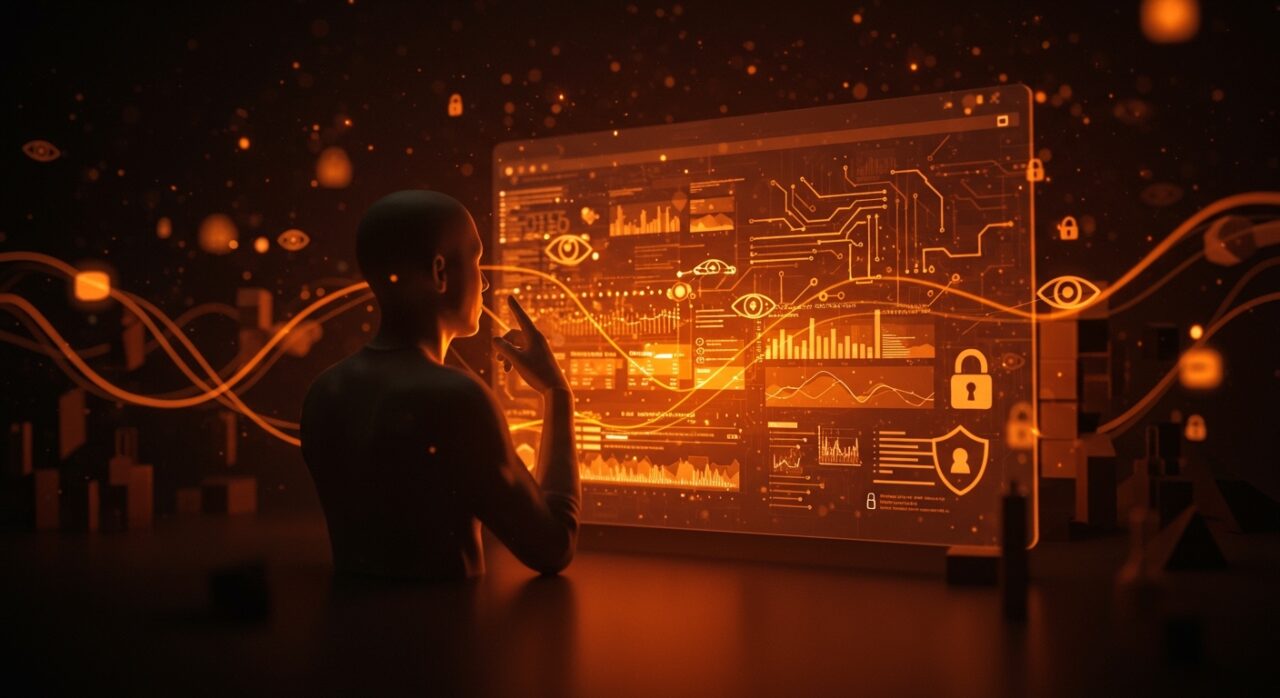 Ilustración conceptual de vigilancia publicitaria web con enfoque en privacidad y modelos éticos para startups, destacando impacto de DoubleClick y Apple ATT.