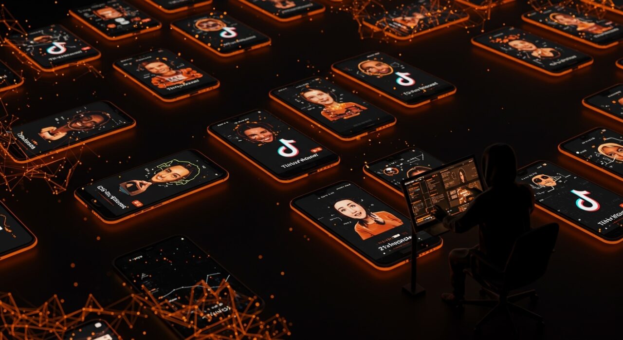 Telefonos con avatares de influencers IA en TikTok hackeados por hacker mostrando fraude en redes sociales y startup Doublespeed de a16z.