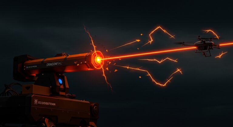 Sistema láser DragonFire del Reino Unido derribando drones a alta velocidad con tecnología de defensa aérea innovadora y bajo costo.