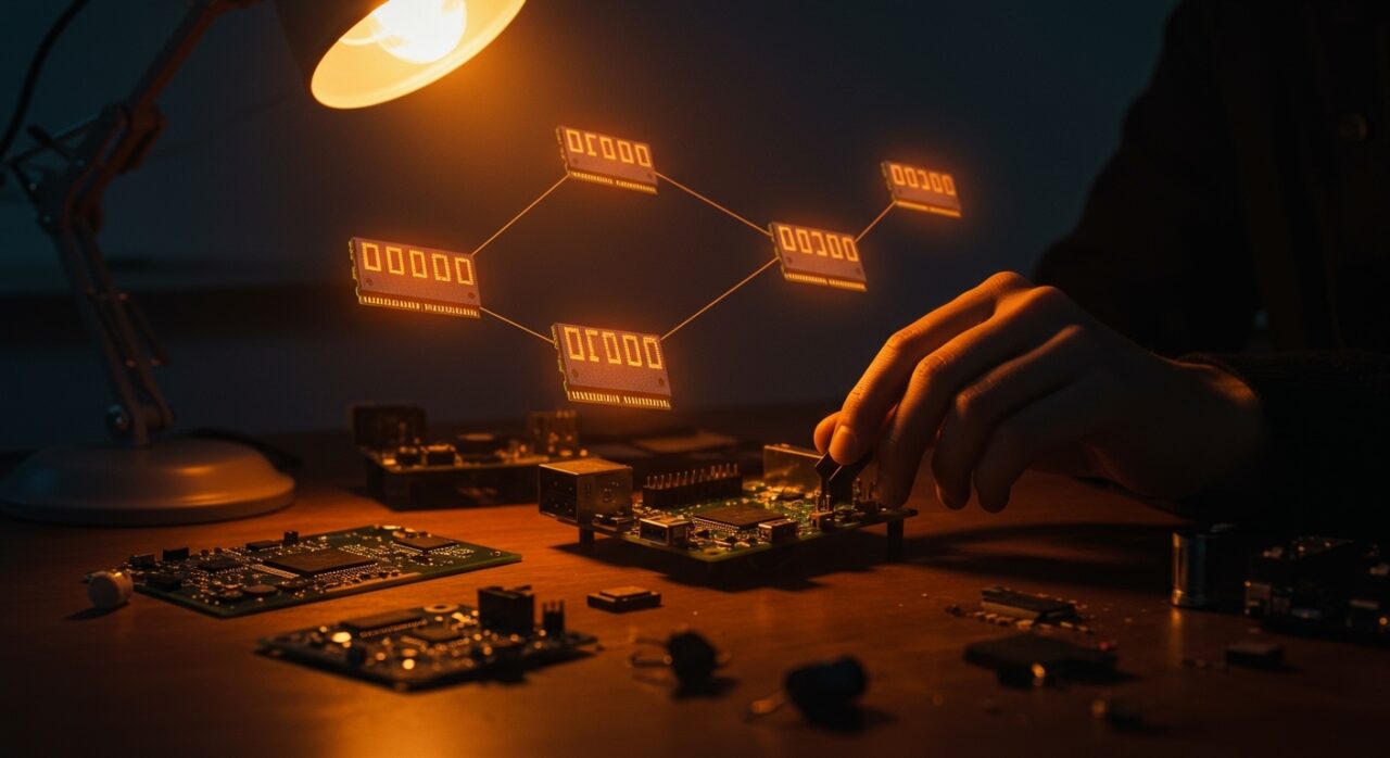 Impacto del alto precio del DRAM en el mercado SBC para makers y startups de hardware, con representación visual de componentes electrónicos y circuitos.