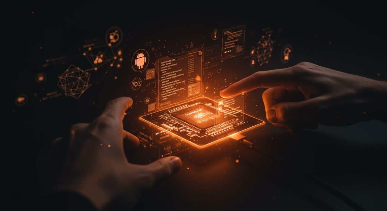 Desarrollador interactuando con interfaz holográfica de drivers USB en userspace y protocolo Fastboot Android en entorno tecnológico startup.