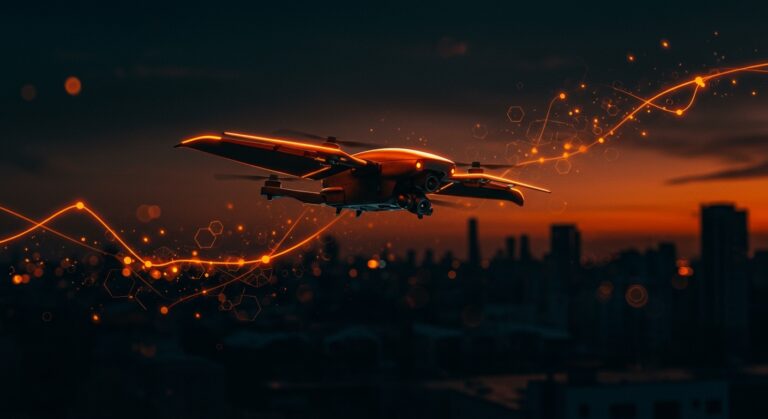 Drone biónico de alas batientes volando sobre una ciudad al atardecer, simbolizando innovación tecnológica en vigilancia discreta y monitoreo ambiental en China.
