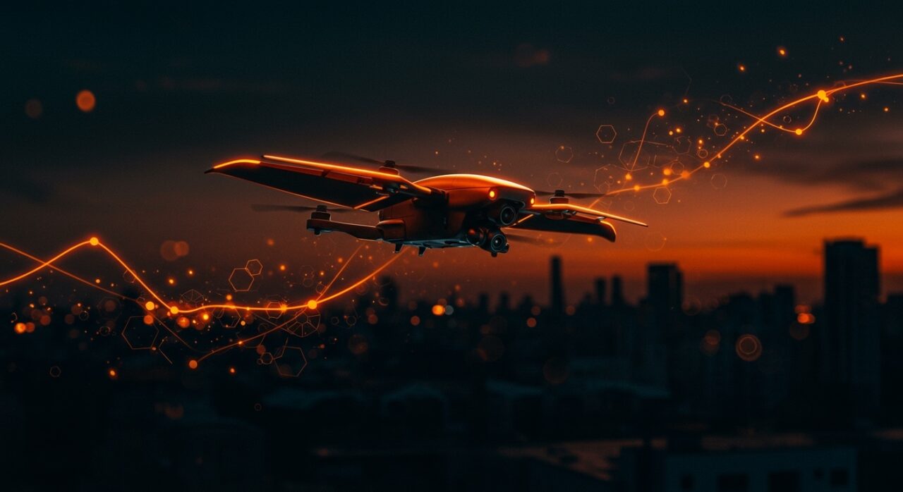 Drone biónico de alas batientes volando sobre una ciudad al atardecer, simbolizando innovación tecnológica en vigilancia discreta y monitoreo ambiental en China.