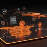 Dron profesional sobre mapa digital de España con indicaciones legales y multas en 2026 bajo la normativa AESA para drones en España.