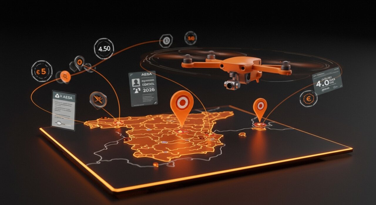 Dron profesional sobre mapa digital de España con indicaciones legales y multas en 2026 bajo la normativa AESA para drones en España.