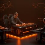 Colaboración tecnológica y alianzas de gaming entre Drop y Corsair representadas con hardware futurista y símbolos de sinergia en tonos naranja y negro.