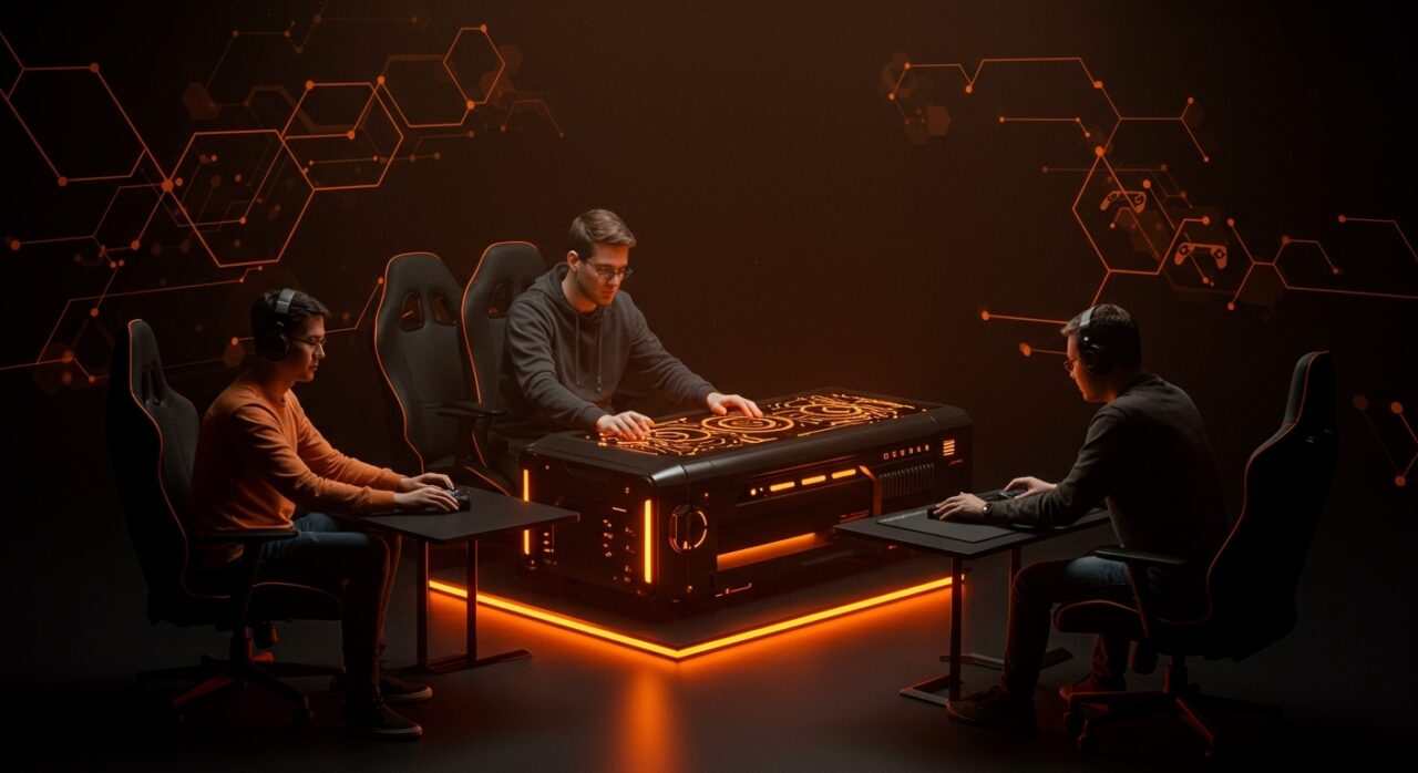 Colaboración tecnológica y alianzas de gaming entre Drop y Corsair representadas con hardware futurista y símbolos de sinergia en tonos naranja y negro.