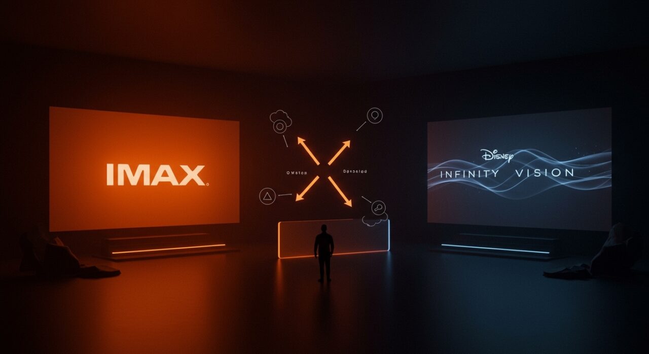 Estreno exclusivo de Dune 3 en IMAX contra la respuesta de Disney Infinity Vision, simbolizando estrategias y dependencia de plataformas en distribución de blockbusters.