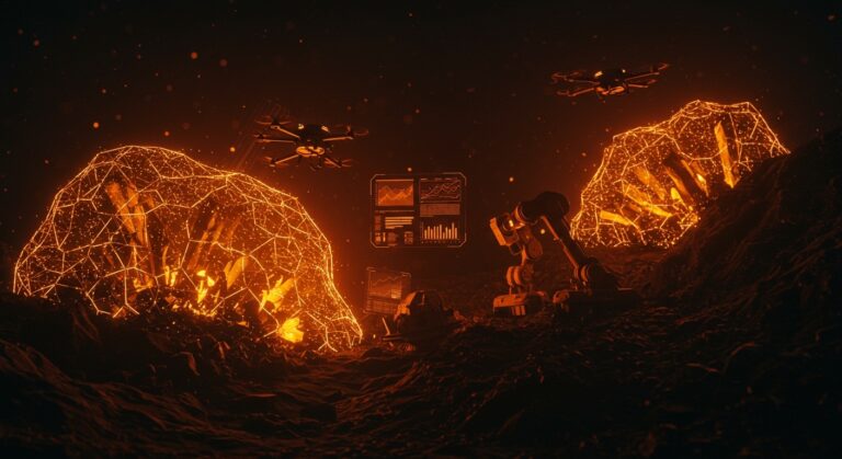 Exploración minera con inteligencia artificial y drones en un escenario futurista, representando la integración vertical de Earth AI y su impacto en la cadena de suministro de minerales críticos.