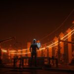 Founder supervisando un entorno industrial futurista con robótica y energía, simbolizando inversión de venture capital en industrias físicas.