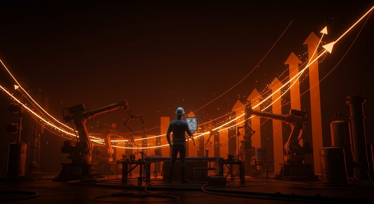 Founder supervisando un entorno industrial futurista con robótica y energía, simbolizando inversión de venture capital en industrias físicas.