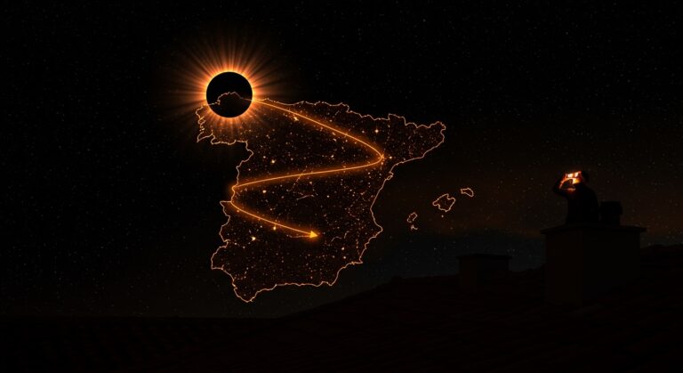 Eclipse solar total 2026 en España con franjas de totalidad resaltadas en naranja sobre el mapa español, simbolizando el evento astronómico y su impacto económico y turístico.