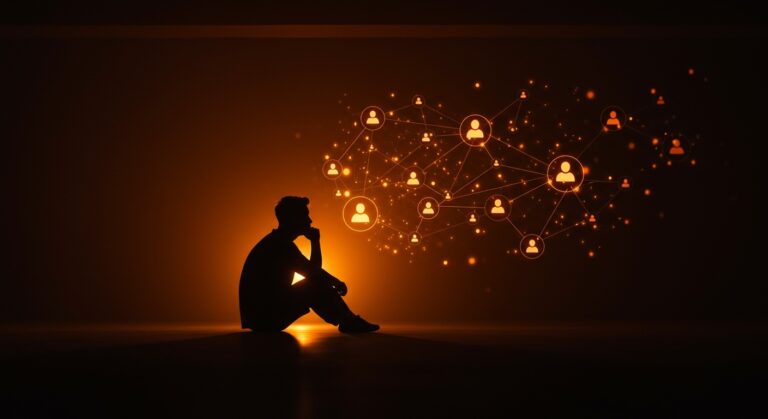 Economía de la soledad ilustrada con startup social tech y redes de conexión humana en tonos naranja y negro.