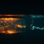 Científico observando ecosistema submarino bioluminiscente, simbolizando descubrimiento científico y oportunidades en biotecnología marina y ocean tech.