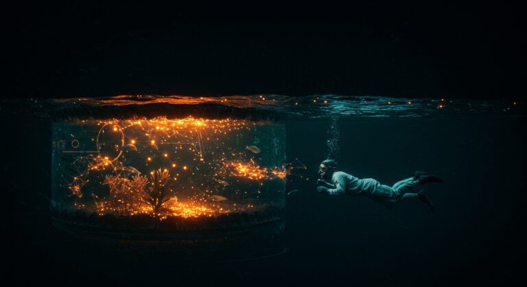 Científico observando ecosistema submarino bioluminiscente, simbolizando descubrimiento científico y oportunidades en biotecnología marina y ocean tech.