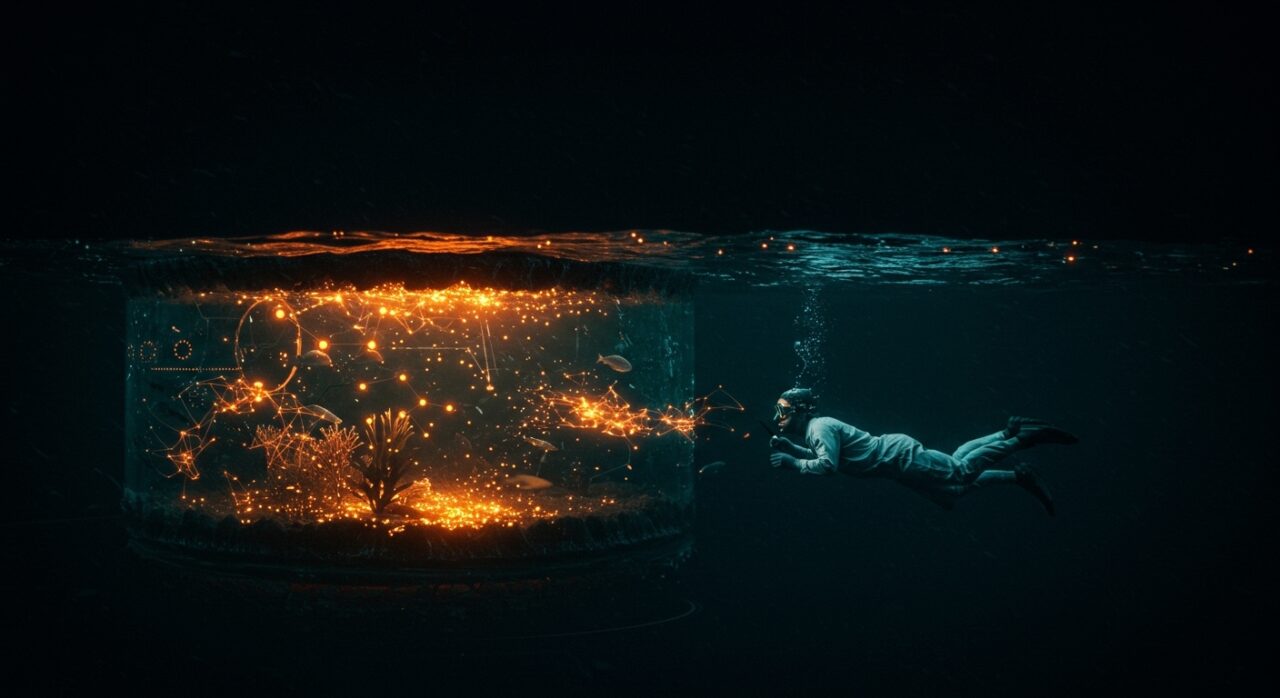 Científico observando ecosistema submarino bioluminiscente, simbolizando descubrimiento científico y oportunidades en biotecnología marina y ocean tech.