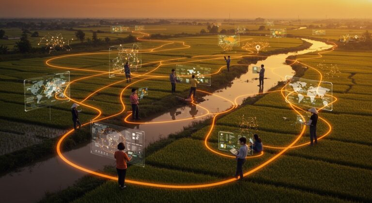 Ecosistema startup en el delta del Mekong con innovaciones en inteligencia artificial agrícola y tecnología, impulsando el emprendimiento en Vietnam.