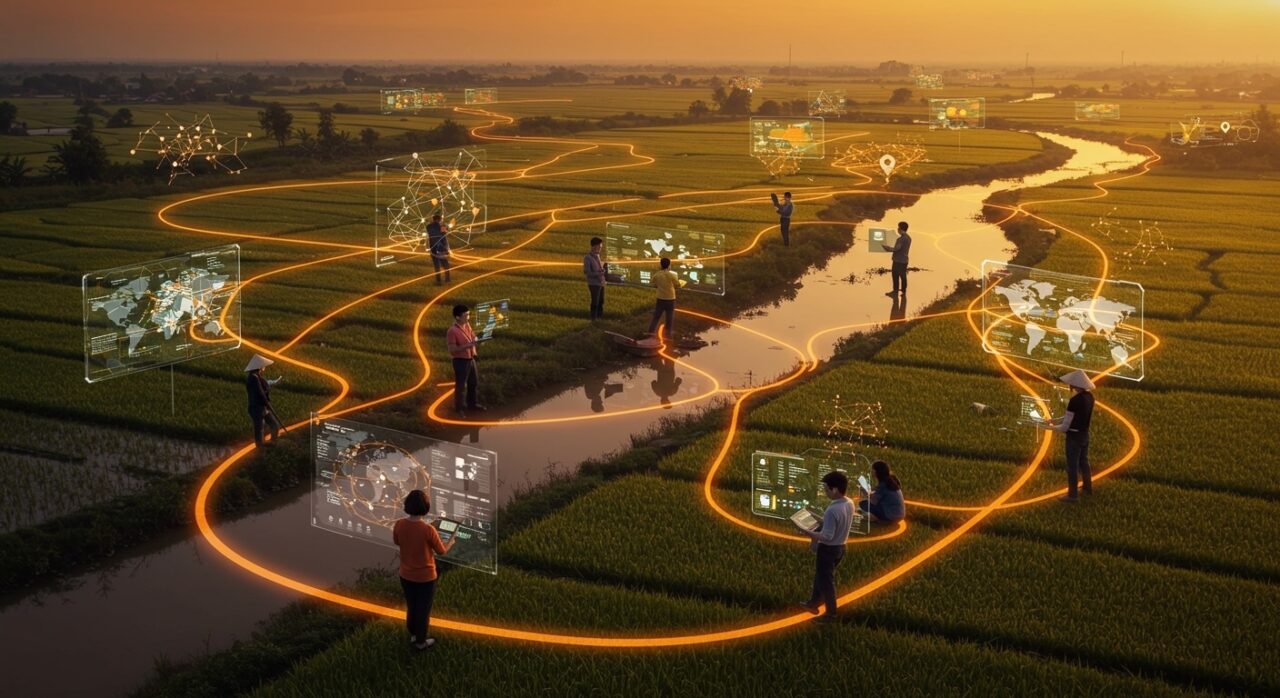 Ecosistema startup en el delta del Mekong con innovaciones en inteligencia artificial agrícola y tecnología, impulsando el emprendimiento en Vietnam.