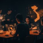 Ecosistema de startups en el delta del Mekong con emprendedores trabajando en innovación y tecnología de inteligencia artificial.
