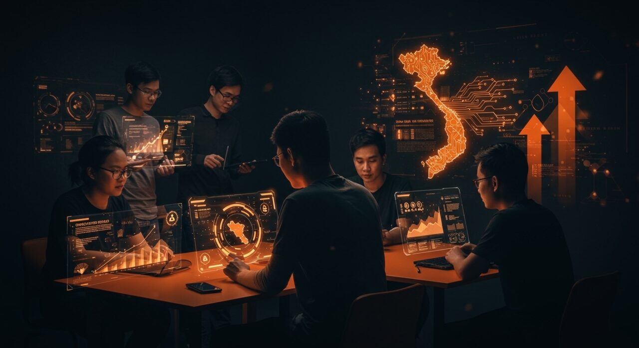 Ecosistema de startups en el delta del Mekong con emprendedores trabajando en innovación y tecnología de inteligencia artificial.