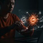 Fundador integrando múltiples modelos de inteligencia artificial con API unificada Eden AI en entorno tecnológico moderno para startups hispanas.