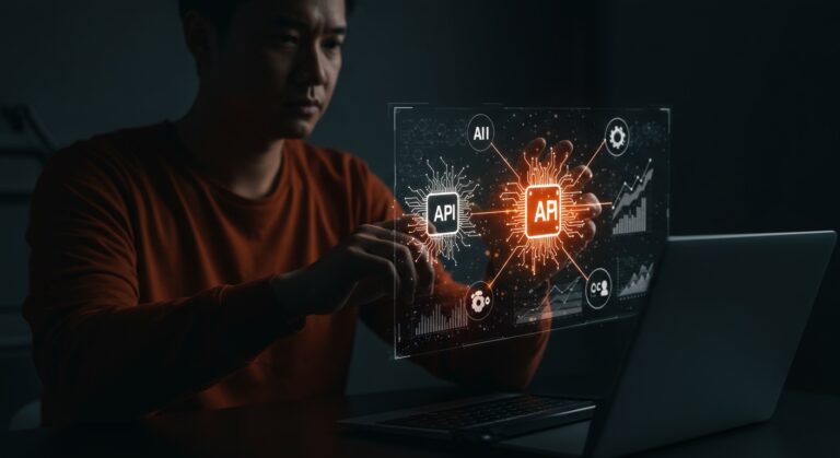 Fundador integrando múltiples modelos de inteligencia artificial con API unificada Eden AI en entorno tecnológico moderno para startups hispanas.