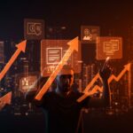 Mercado de educación online con un fundador tech interactuando con cursos digitales y certificados en un entorno futurista, simbolizando el crecimiento y selección de plataformas educativas.