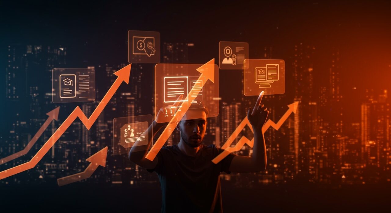 Mercado de educación online con un fundador tech interactuando con cursos digitales y certificados en un entorno futurista, simbolizando el crecimiento y selección de plataformas educativas.